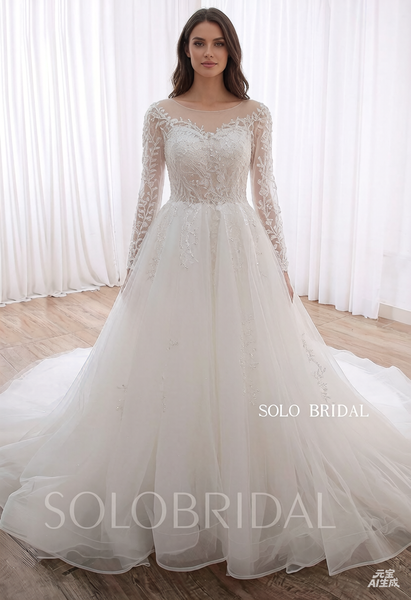 20240530A Ivory sparkly beaded Lace Long Sleeve Long Train Wedding Dress