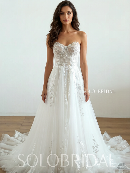 20250825A Ivory A Line Sweetheart flowy leaf lace women wedding dress