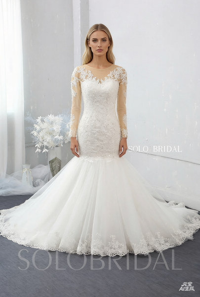 Ivory and Skin Colour Mermaid Wedding Dress with Chapel Train