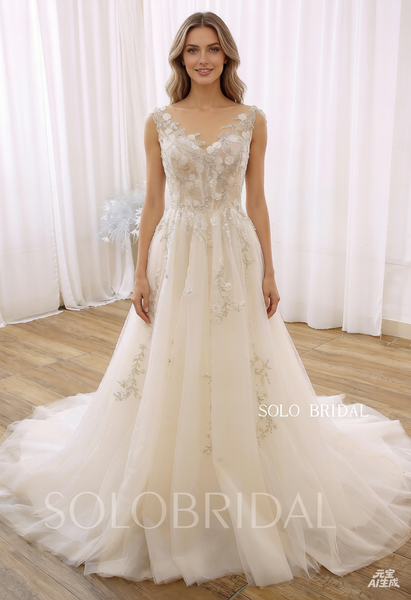 Ivory Illusion Neck Silver Lace A Line Wedding Dress 724A3593