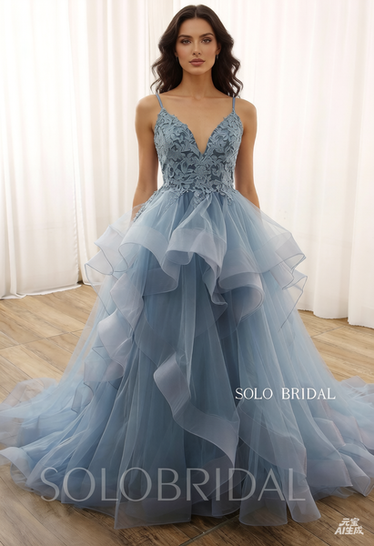Blue V Neck Ball Gown Ruffle Skirt Lace Up Wedding Dress 724A3664