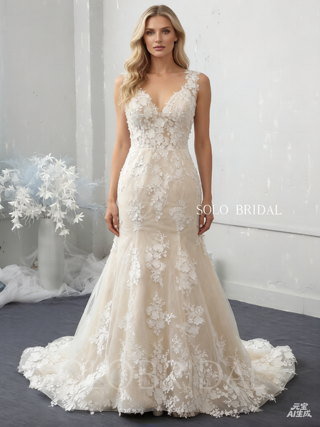 Champagne fit and flare wedding dress with overskirt