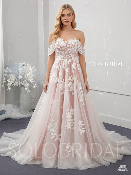 Blush A line off shoulder tulle wedding dress