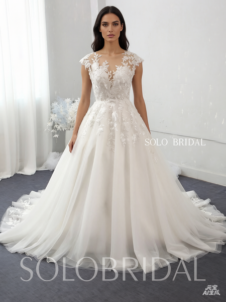 Ivory flower cap sleeve a line wedding dress