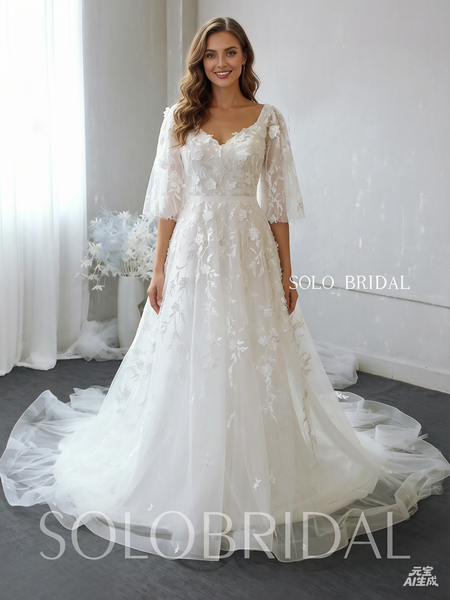 A line square half sleeve organza wedding dress