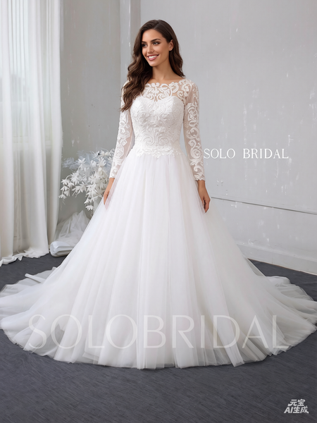 White A line boat neckline long sleeve wedding dress