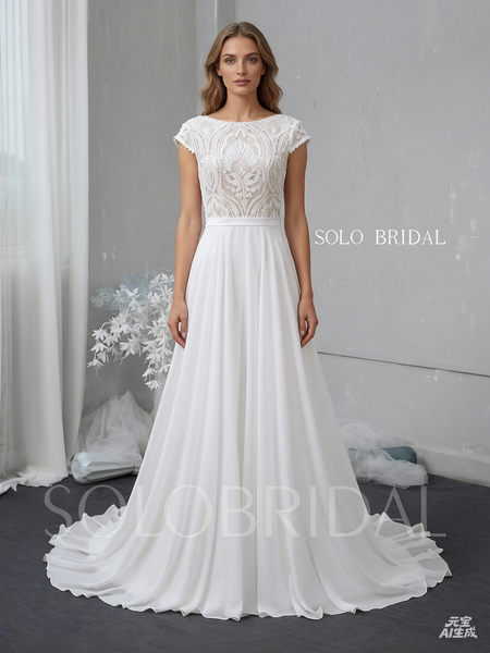 Ivory lace body chiffon Skirt A line wedding dress