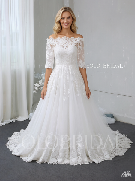 Ivory off shoulder half sleeves a line wedding dress