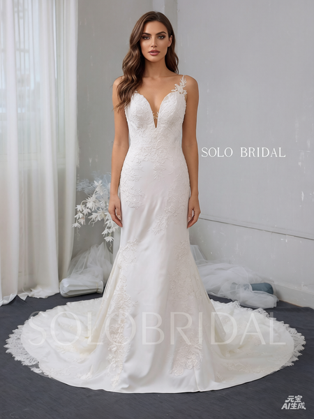 Ivory plunge fit and flare crepe wedding dress