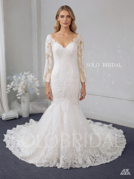 Ivory lace mermaid shiny wedding dress