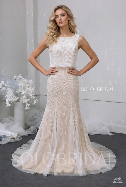 Champagne fit and flare heavy beading lines light wedding dress