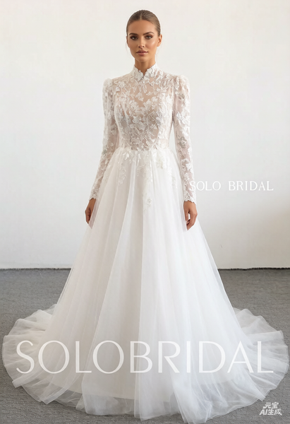 Ivory high neck long sleeve Muslim wedding dress 20250318D