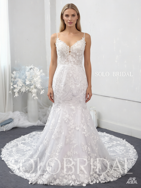 White Fit and Flare leaf lace wedding dress