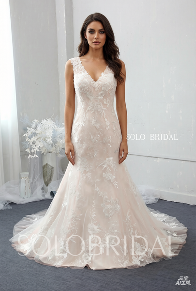 Blush Pink Fit and Flare Wedding Dress with Chapel Train
