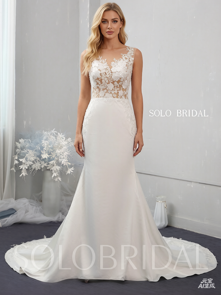 Ivory fit and flare crepe wedding dress
