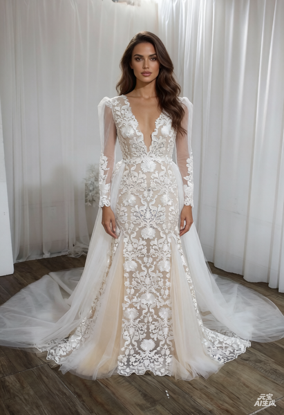 Mermaid lace wedding dress with removable tulle skirt train