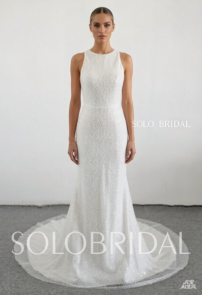 Ivory halter sheath pearl sparlle wedding dress 20250318E