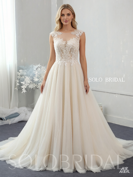 Light champagne A line lace tulle wedding dress