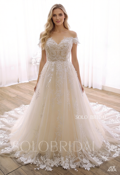 Light champagne A line New Lace off shoulder wedding dress 724A0674