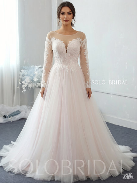 Light pink A line off shoulder long sleeves tulle wedding dress