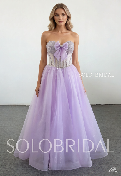Purple A line girl evening dress with bow 20250318A