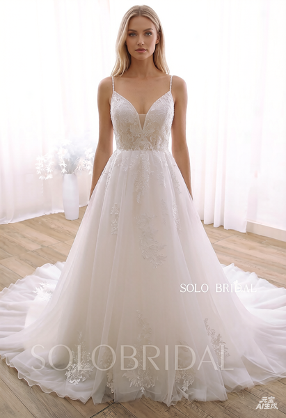 A line V Neck Beaded Straps Chapel Train Flowy Wedding Dress 724A0705