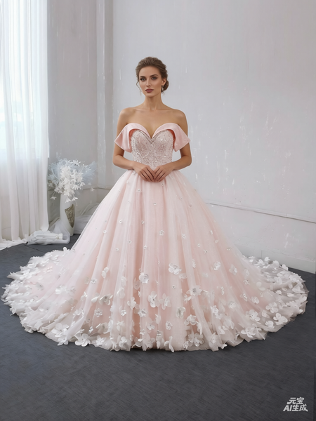Blush pink a line 3D flower off shoulder wedding dress