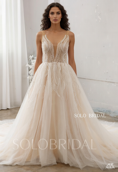 Champagne Light Tulle Cathedral Wedding Dress 724A0000