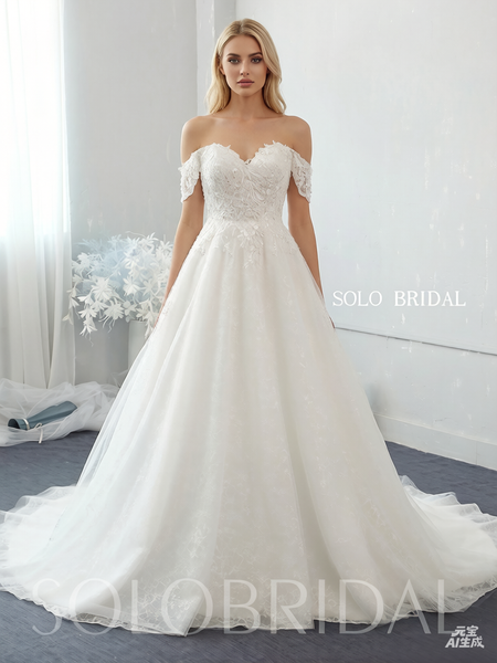 Ivory sweetheart off shoulder lace tulle A line wedding dress