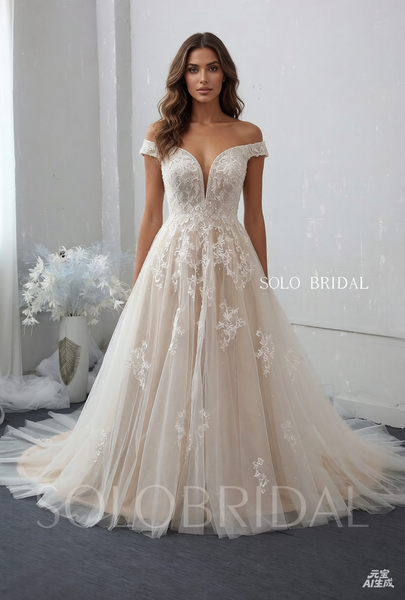 Off Shoulder A Line Wedding Dress with Chapel Train
