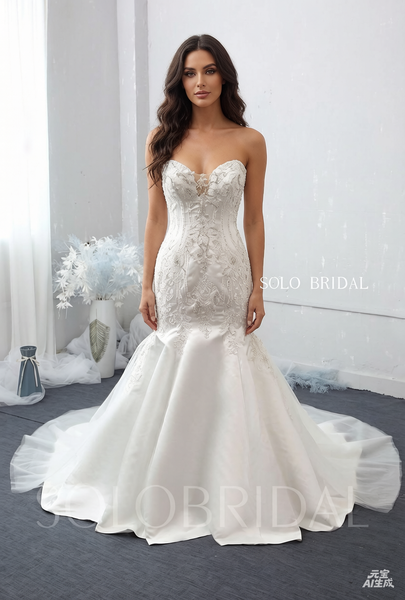 Mermaid Wedding Dress with Silver Embroidery and Cathedral Train