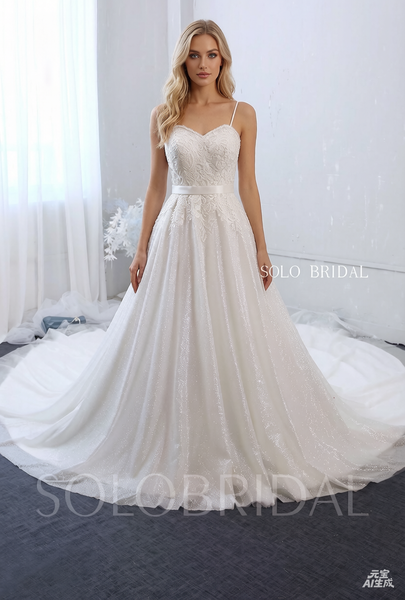 A Line Sweetheart Spaghetti Strap Wedding Dress with Cathedral Train and Sparkly Skirt