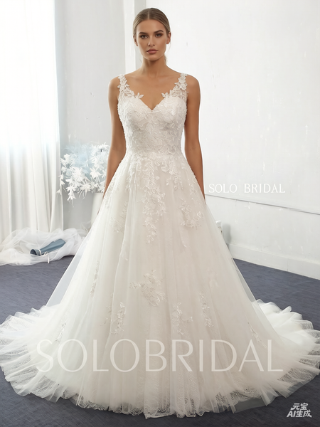 Ivory V Neck Long Lace Tulle Corset Wedding Dress A Line Bridal Gowns