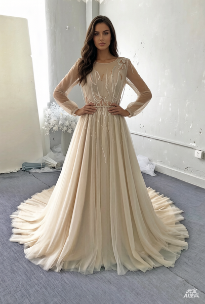 Champagne a line tulle wedding dress