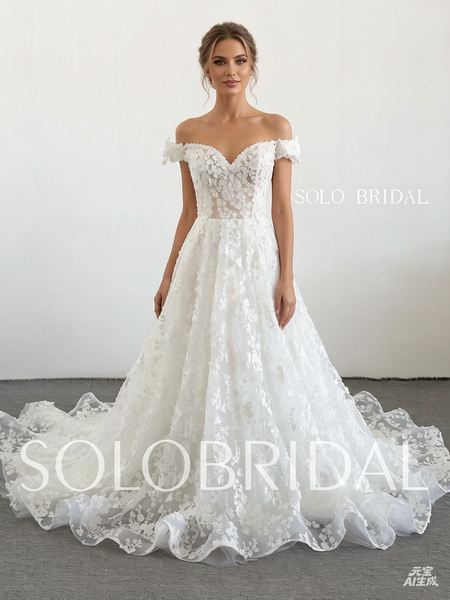 Ivory off shoulder A line lace wedding dress 20250318B
