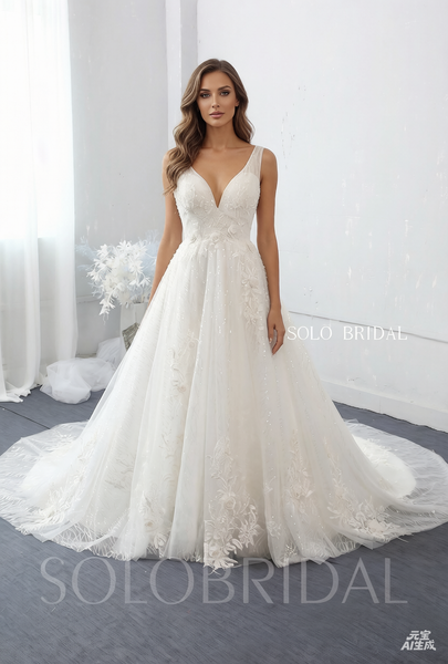 Ivory A line V neck 3D Flowers Wedding Dress with Chapel Train