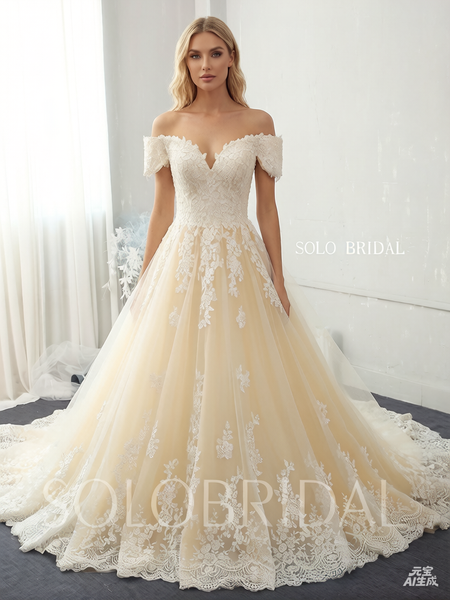 Champagne A line plunge neck off shoulder tulle lace wedding gowns