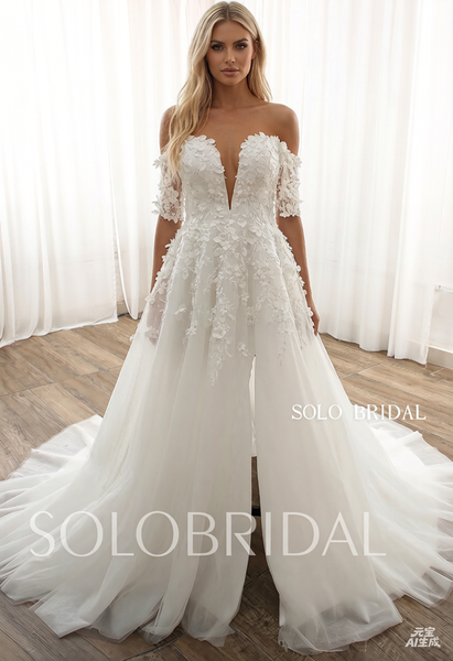 Ivory Deep Bustline Off Shoulder Split Court Train A line Wedding Dress DPP_0001