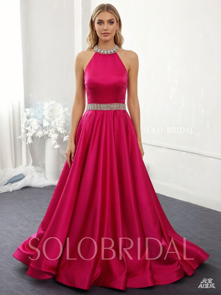 Colorful custom made halter A line satin long evening dresses