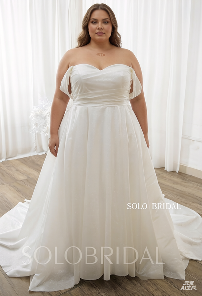Ivory Plus Size Off Shoulder Ball Gown Sparkling Wedding Dress 724A6837