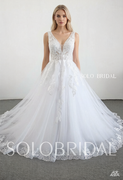 White V neck A line heaving beading wedding dress 20250318C