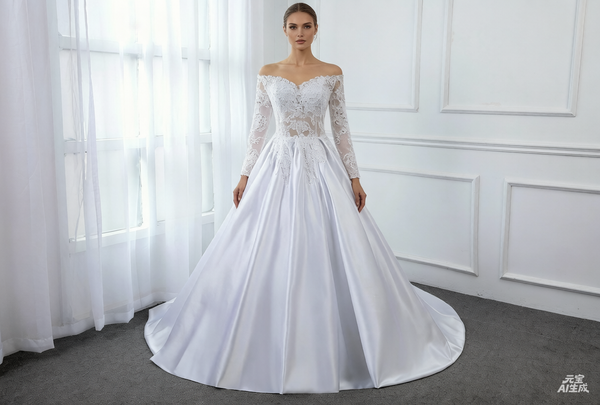 A Line Satin Transparent Lace Bodice with Long Sleeve Off Shoulder Wedding Dress