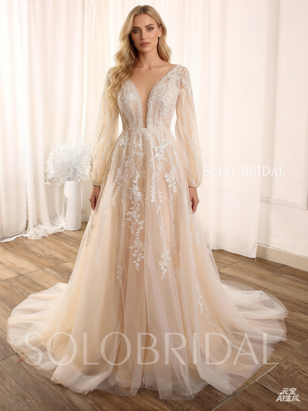Champagne light floaty long sleeve lace tulle wedding dress