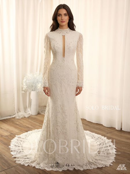 Ivory fit and flare long sleeve open neck sparkly wedding dress 724A9202