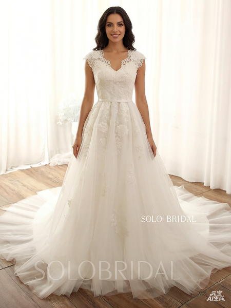 Ivory A line cotton lace cap sleeve keyhole back wedding dress 724A9568a