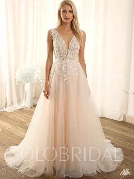 Beach A line leaf lace V neck tulle wedding dress