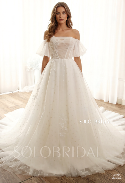 Ivory Straight Bust-line Off Shoulder Dotted Tulle A Line Wedding Dress 724A9857