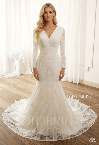 Ivory Fit and Flare Lace Long Sleeve V Neck Wedding Dress 724A9881