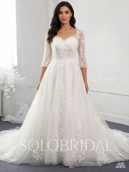 A line plus size shiny lace wedding dress
