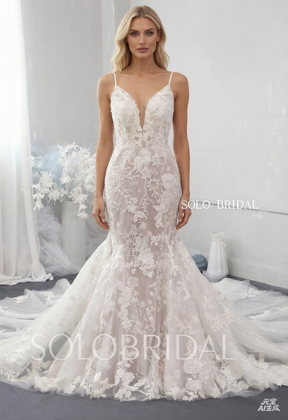 Mermaid deep bustline spaghetti straps lace wedding dress